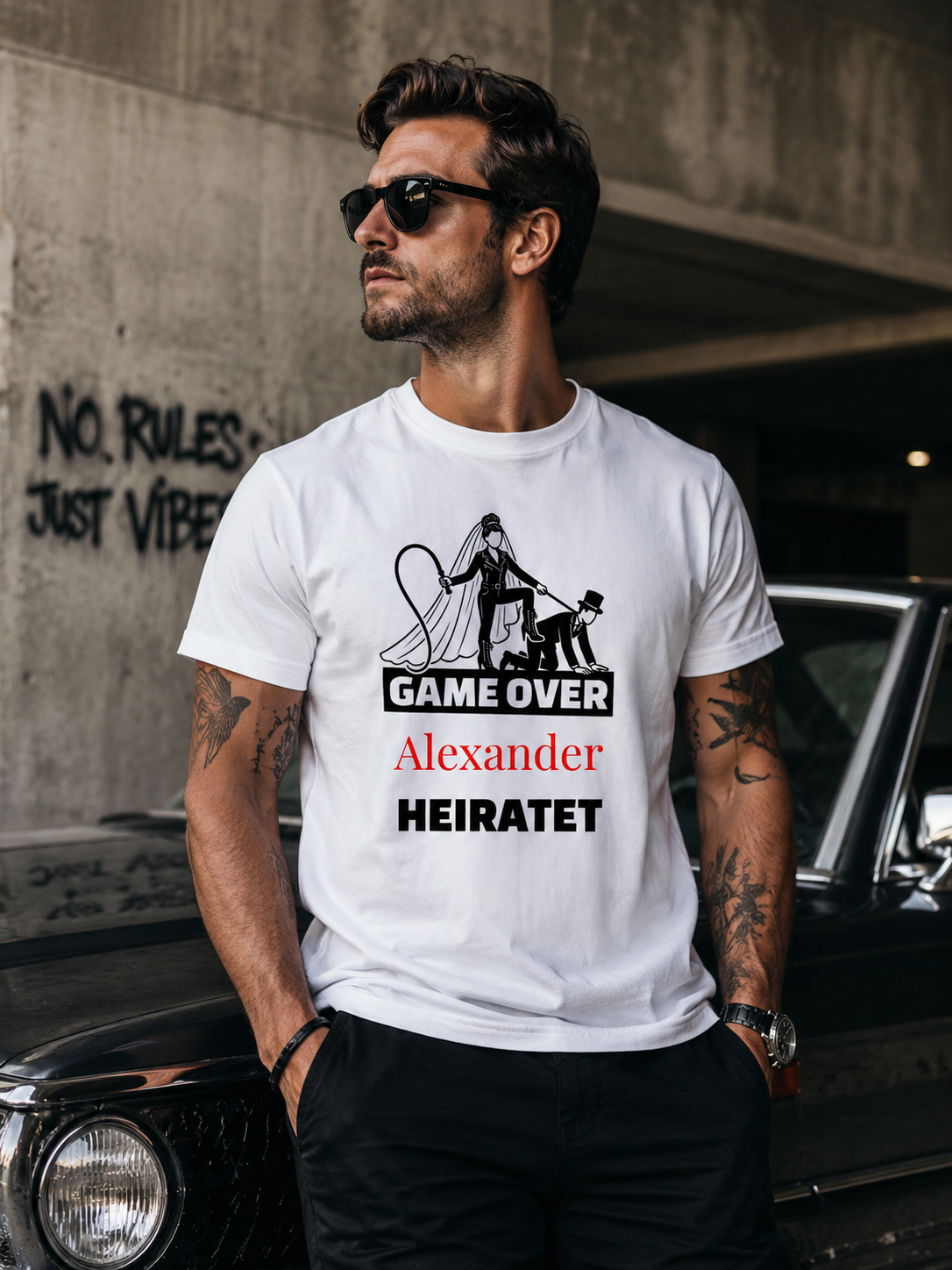 Junggesellenabschied T-Shirt – "Game Over" mit Wunschname