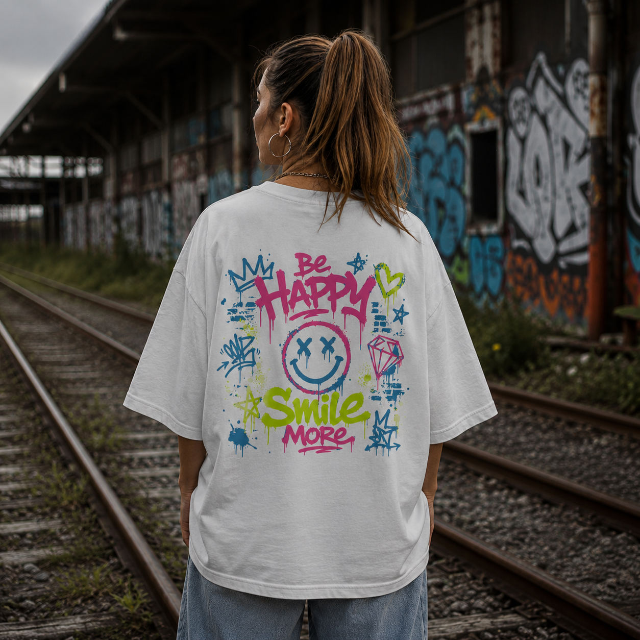 Unisex Premium Oversized Statement Shirt – „BE HAPPY & SMILE MORE“