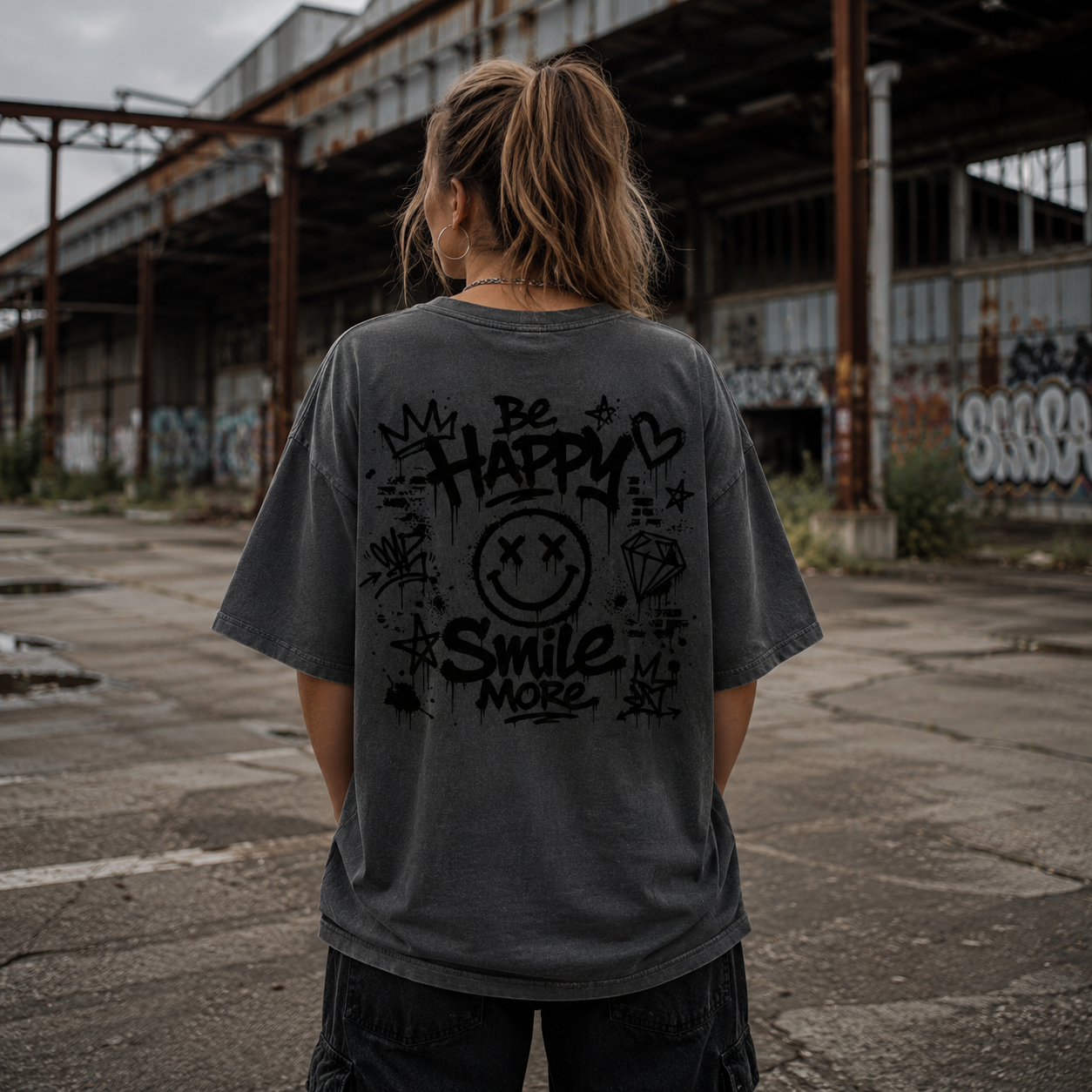 Unisex Premium Oversized Statement Shirt – „BE HAPPY & SMILE MORE“ Black Edition