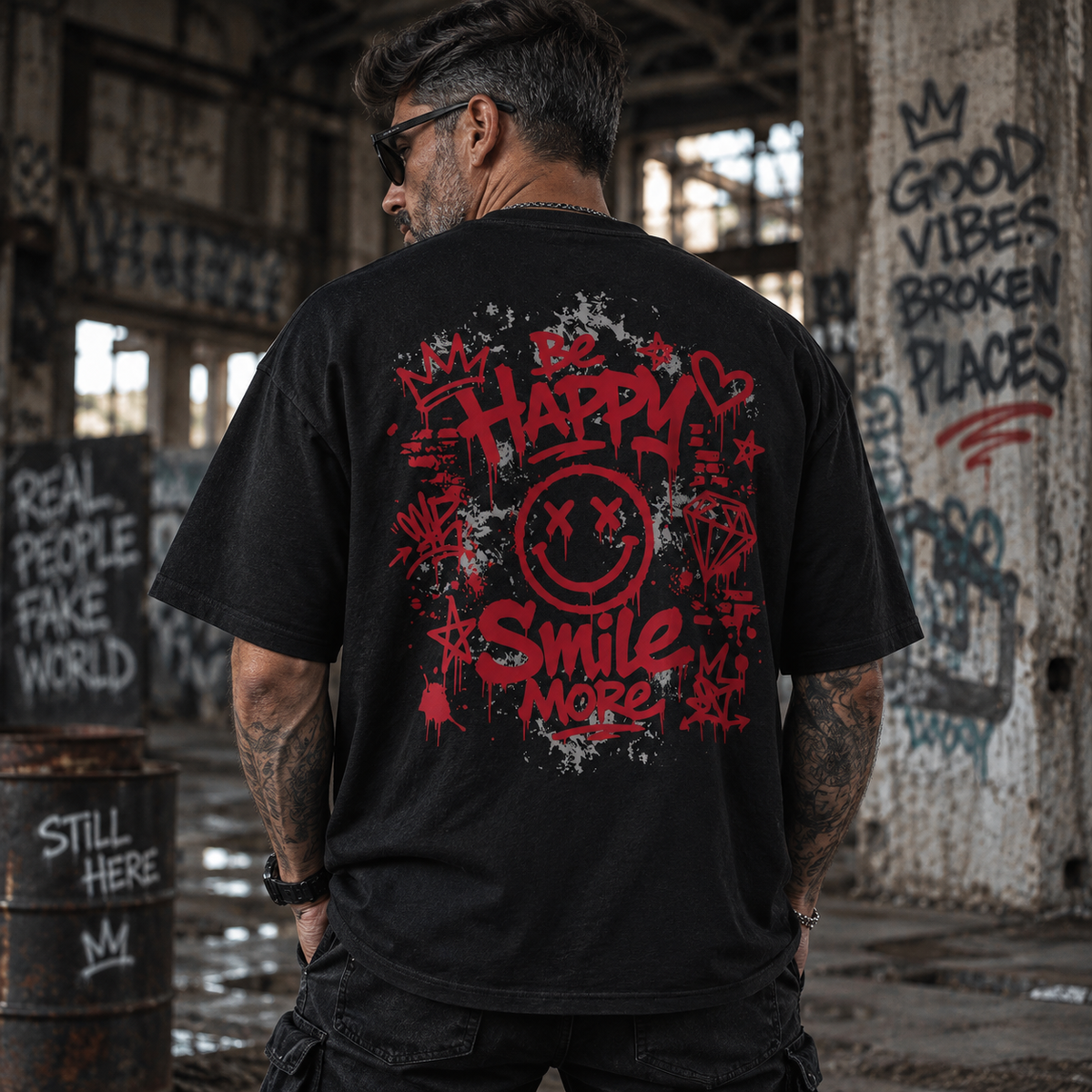 Unisex Premium Oversized Statement Shirt – „BE HAPPY & SMILE MORE“-Weinrot