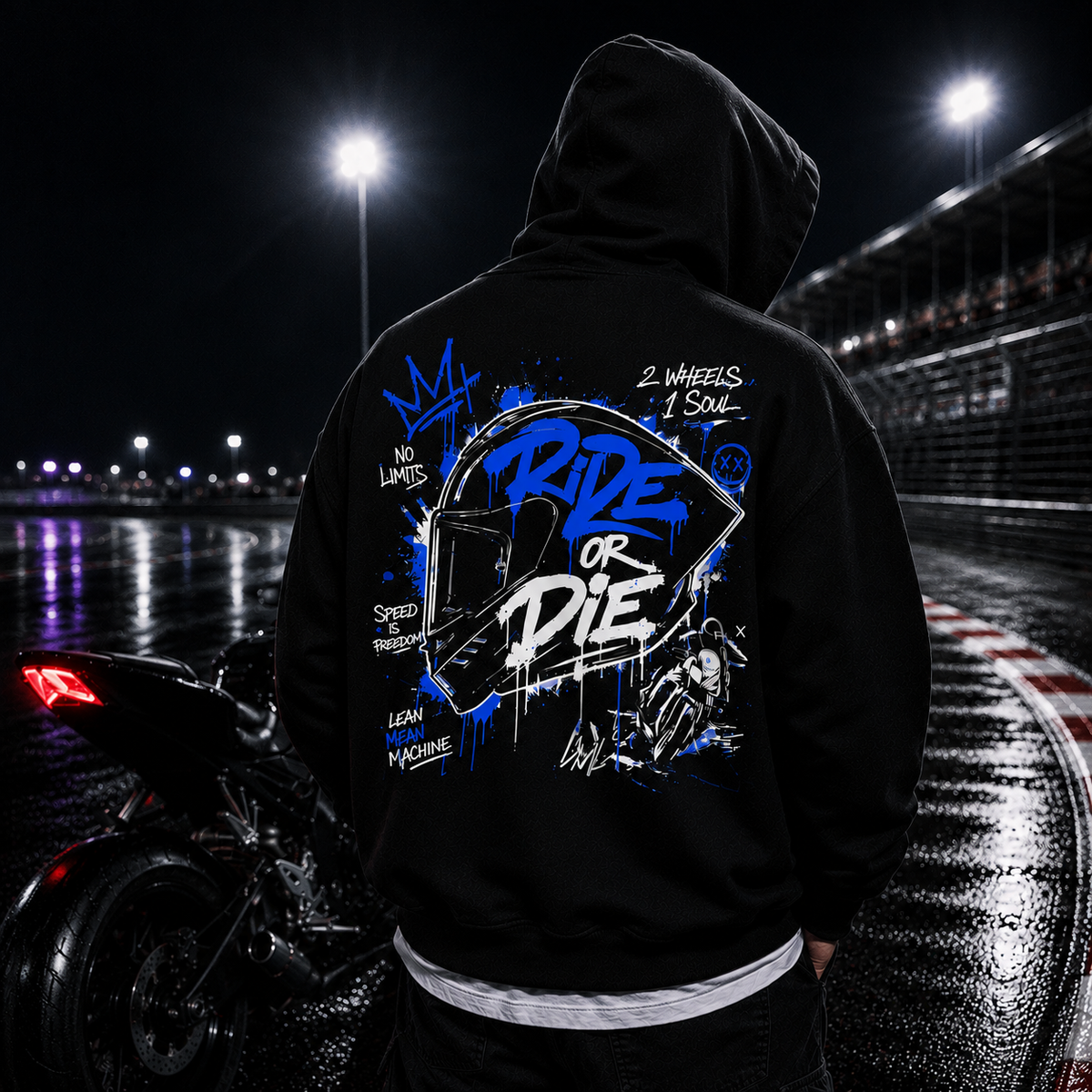 Unisex Premium Oversized Statement Hoodie – „RIDE OR DIE“-Blau