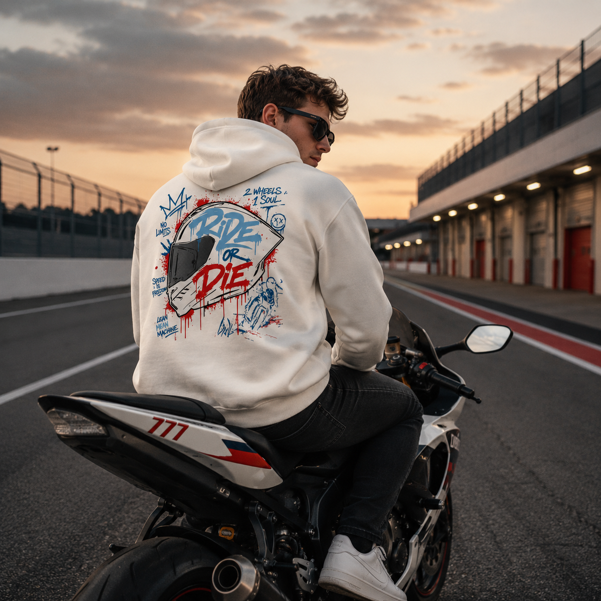 Unisex Premium Oversized Statement Hoodie – „RIDE OR DIE“-Blautöne-Rot