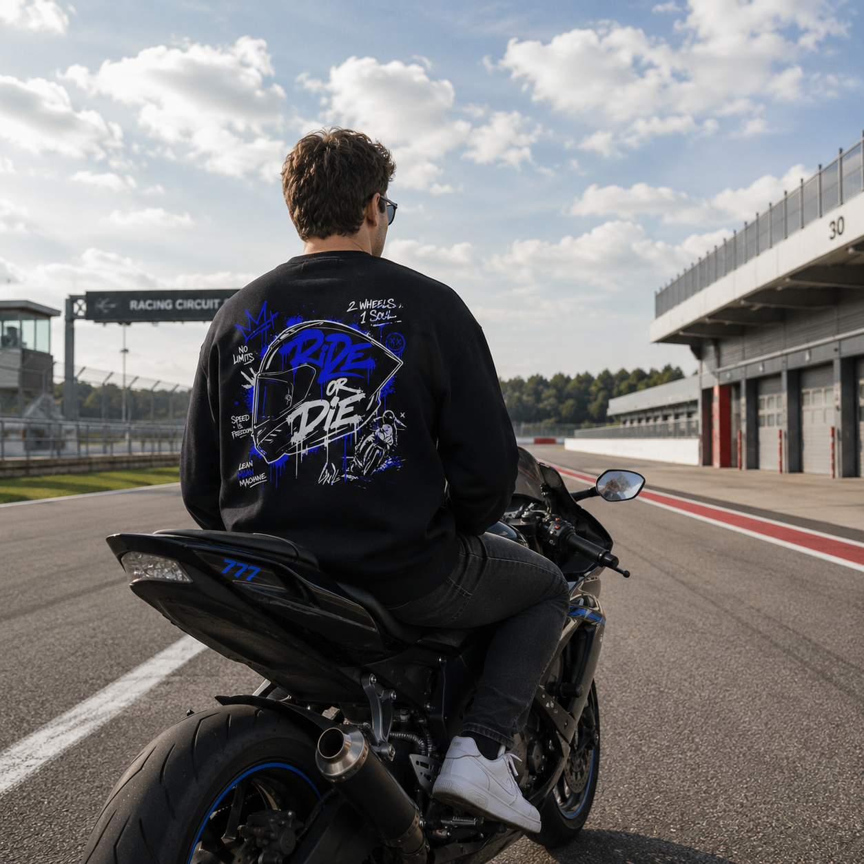 Unisex Premium Sweatshirt – „RIDE OR DIE“-Blau