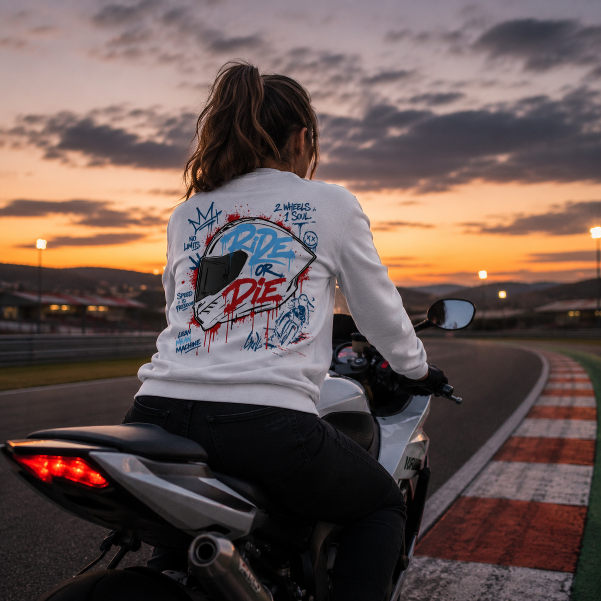 Unisex Premium Sweatshirt – „RIDE OR DIE“-Blautöne-Rot
