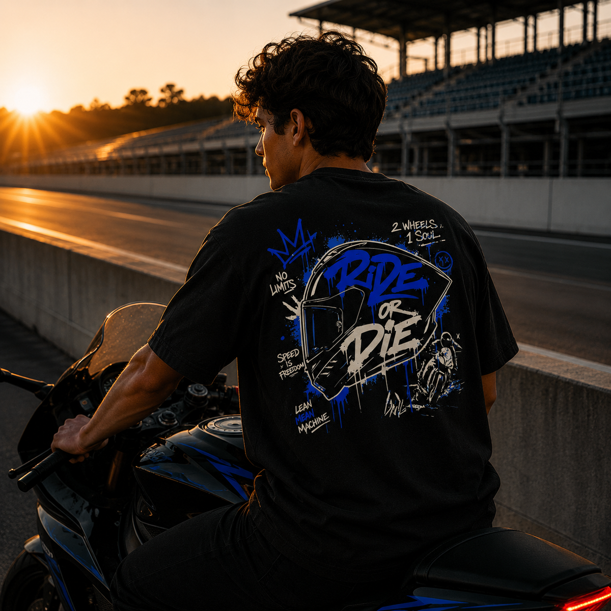 Unisex Premium Oversized Statement Shirt – „RIDE OR DIE“-Blau