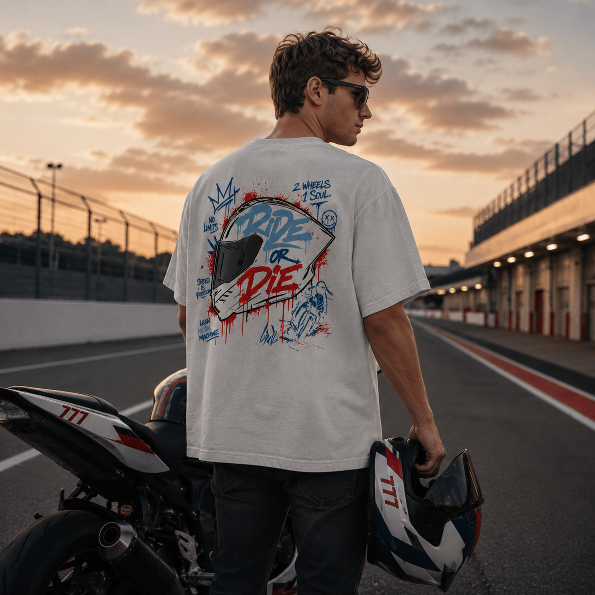 Unisex Premium Oversized Statement Shirt – „RIDE OR DIE“-Blautöne-Rot