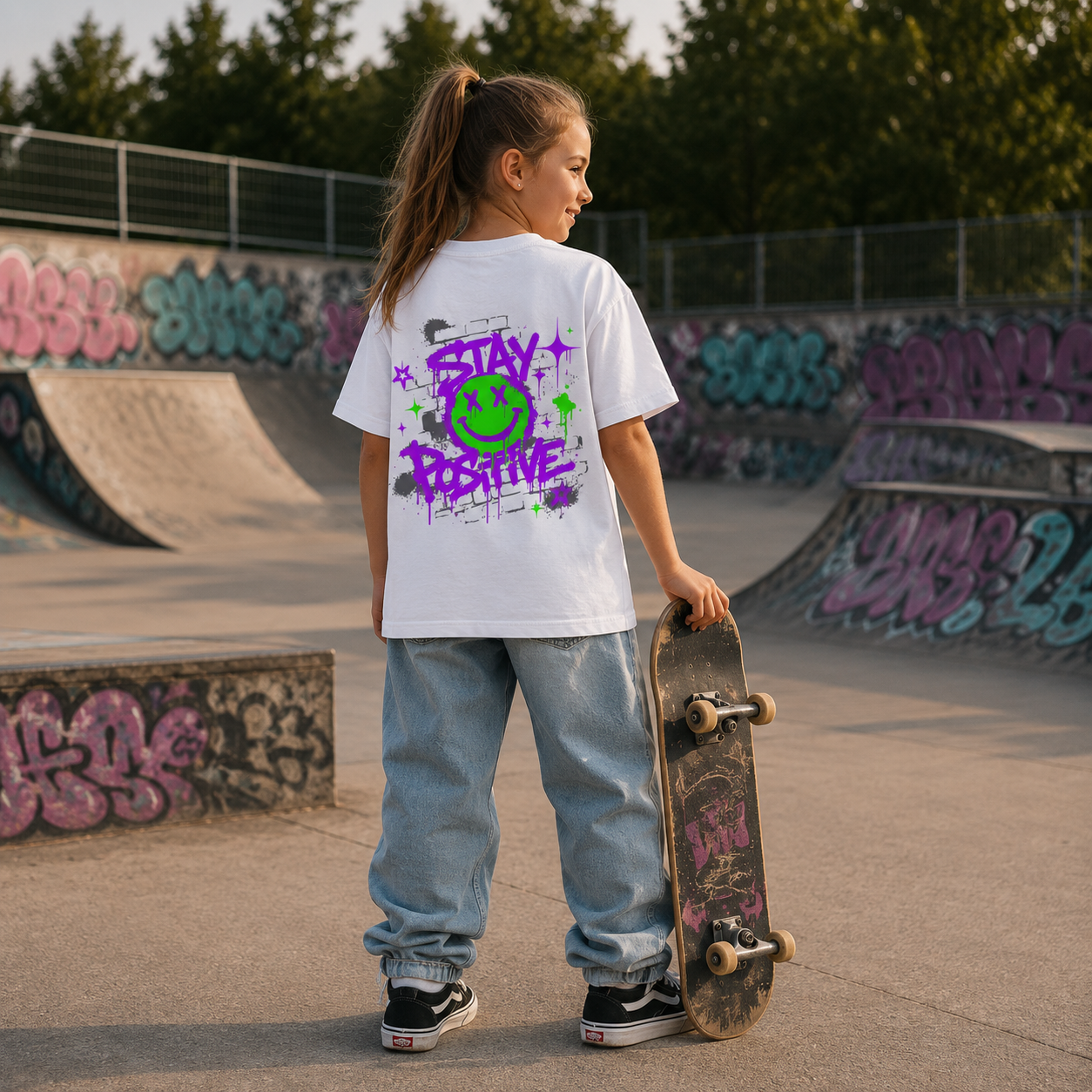 Premium Organic Kids Shirt – „STAY POSITIVE“-Lila/Grün
