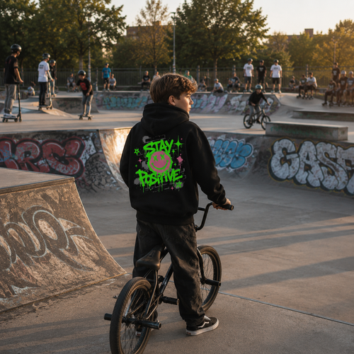 Classic Kids Statement Hoodie – „STAY POSITIVE“-Grün/Pink