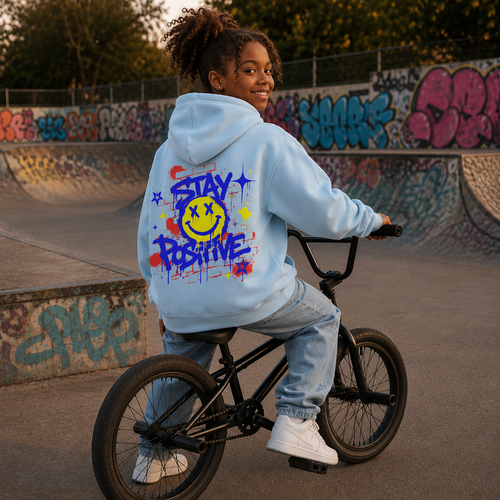 Classic Kids Statement Hoodie – „STAY POSITIVE“-Blau/Gelb