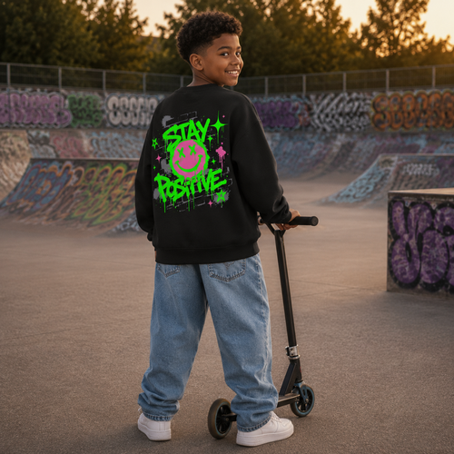 Classic Kids Statement Sweatshirt – „STAY POSITIVE“-Grün/Pink