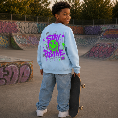 Classic Kids Statement Sweatshirt – „STAY POSITIVE“-Lila-Grün