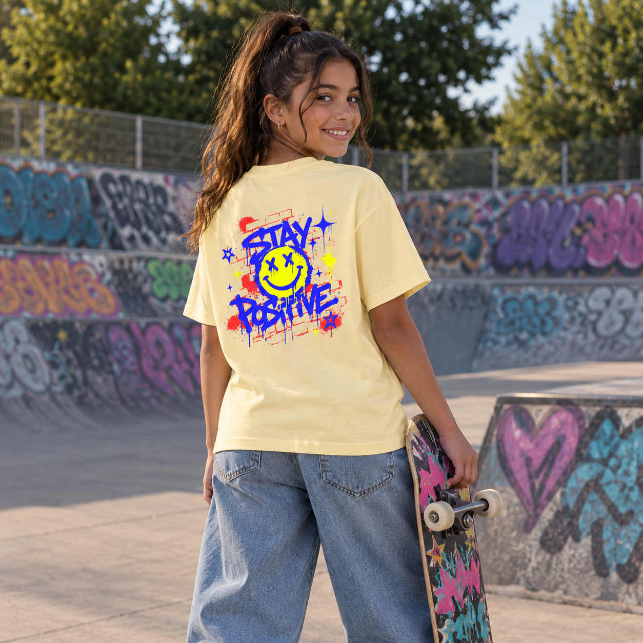 Premium Organic Kids Shirt – „STAY POSITIVE“-Gelb/Blau