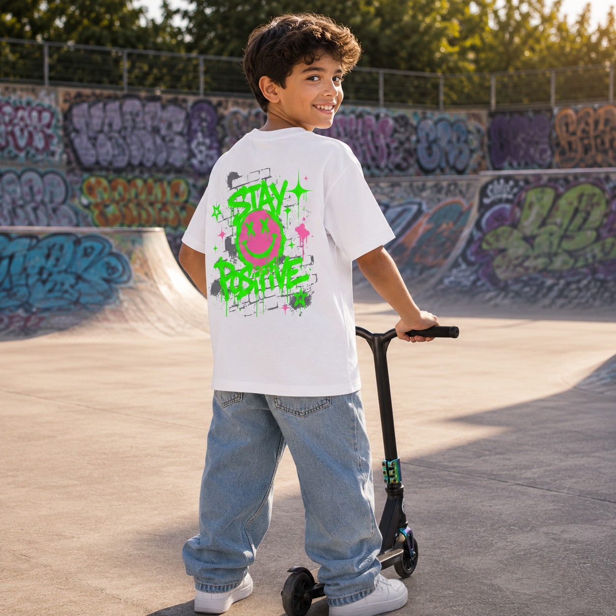 Premium Organic Kids Shirt – „STAY POSITIVE“-Pink/Grün